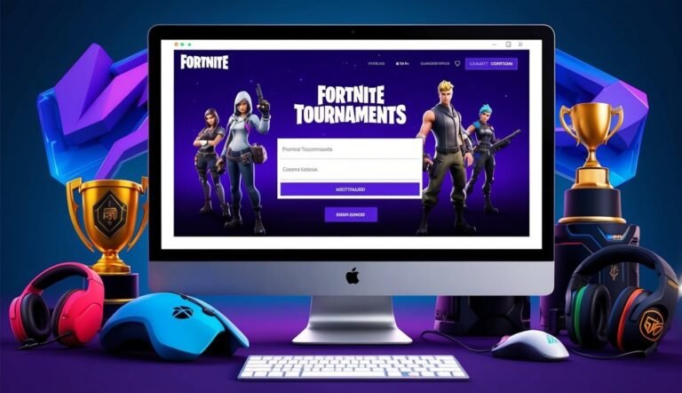 Fortnite tournament website on computer screen with gaming accessories and trophies