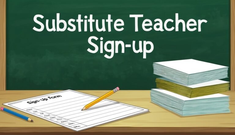 Substitute teacher sign-up on chalkboard with form, pencils, and stacks of paper