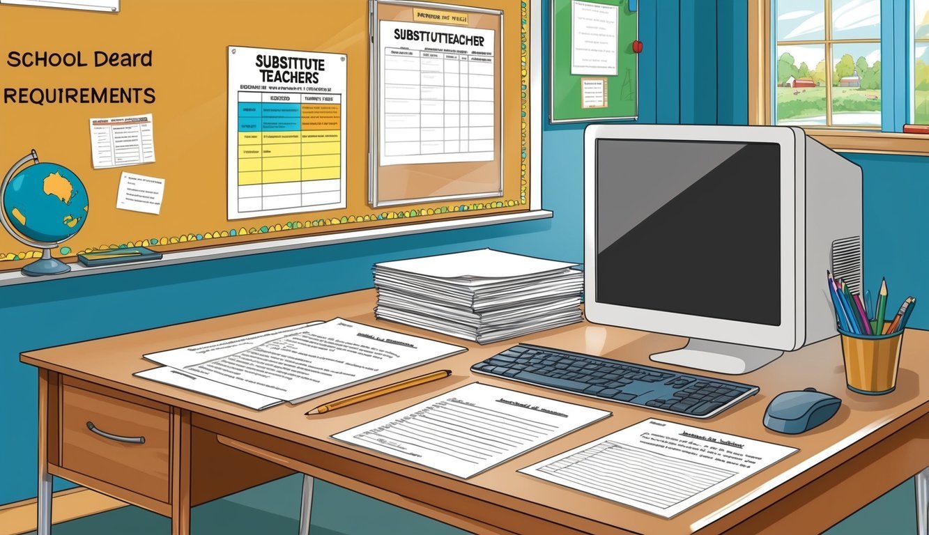 A classroom desk with a computer, paperwork, and a sign-up form for substitute teachers.</p><p>A bulletin board displays school requirements