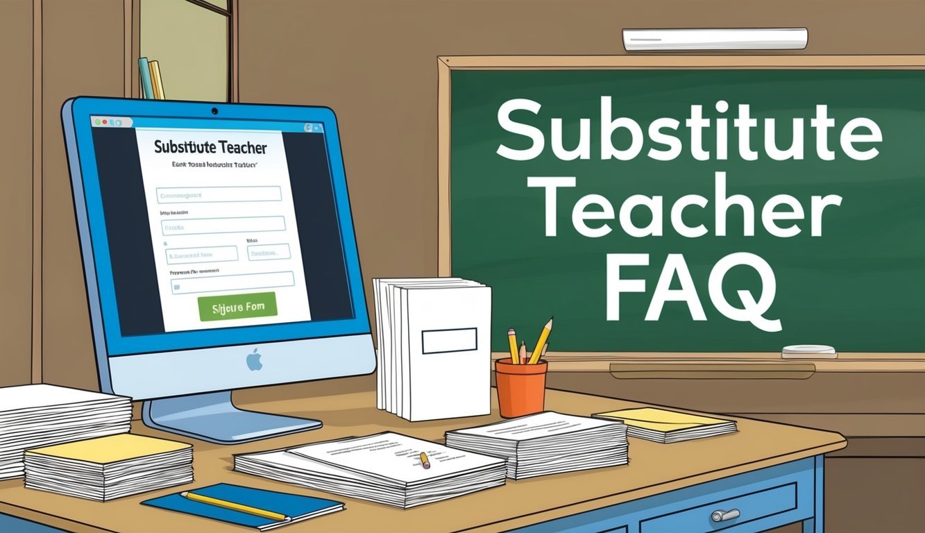 A classroom desk with a computer showing a sign-up form, a stack of papers, and a pencil.</p><p>A chalkboard in the background with the words "Substitute Teacher FAQ" written on it