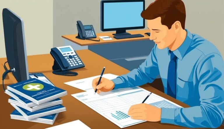 Man in blue shirt writing at desk with computer and paperwork