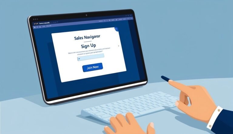 Tablet screen with "Sales Navigator" sign-up form, keyboard, and hands