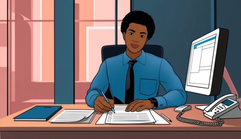 A Black businessman in a blue shirt writing at his desk