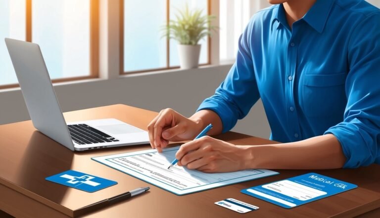 Person in blue shirt filling out medical form at a desk