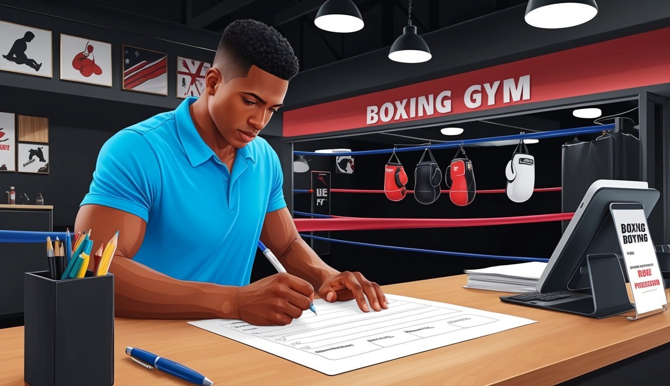 A person filling out a form at a boxing gym reception desk