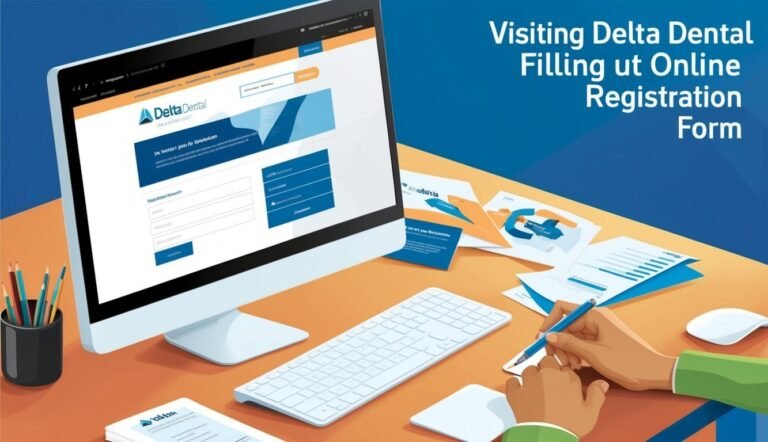 Computer screen displaying Delta Dental online registration form, with hands filling it out