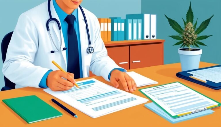 Doctor writing on paperwork with cannabis plant on desk