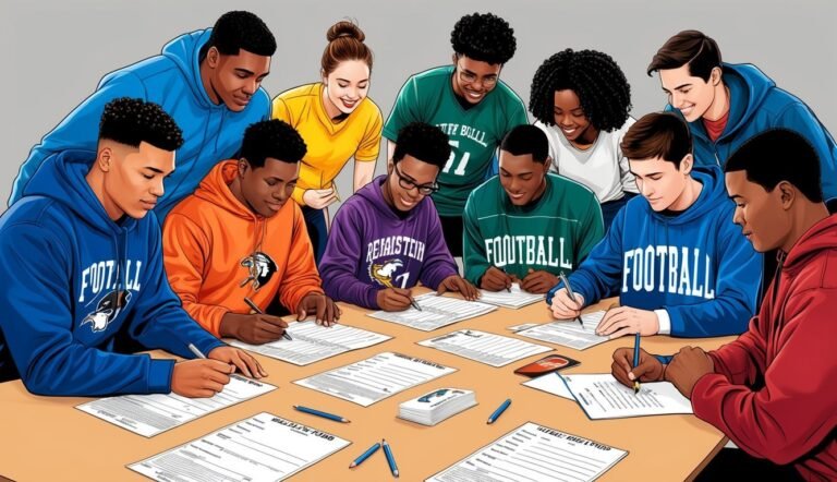 Group of students signing documents around a table, smiling and looking down