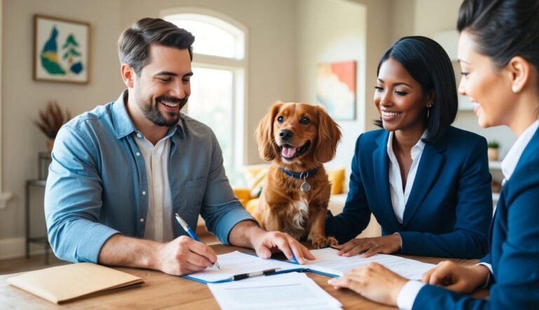 Man signing documents with two women and a dog present