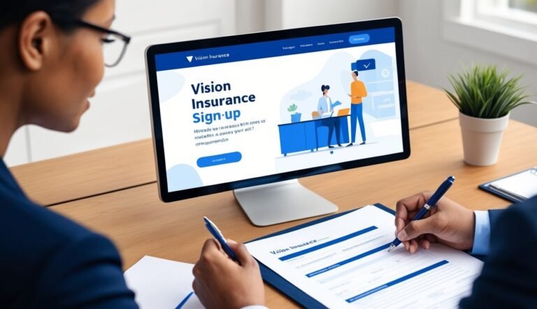 People signing vision insurance forms with a computer screen in the background