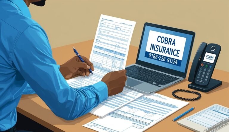 Person filling out paperwork with laptop and phone, COBRA insurance