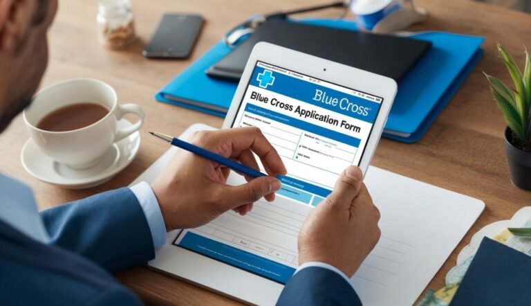Person filling out a Blue Cross application form on a tablet