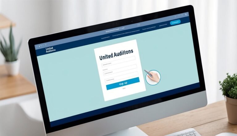 Computer screen displaying a United Auditions sign-up form with a hand icon