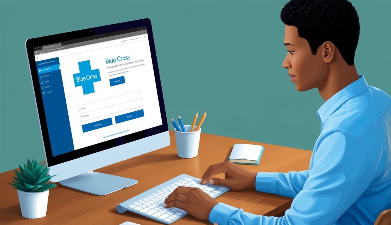 A person using a computer to navigate to the Blue Cross website and filling out a sign-up form