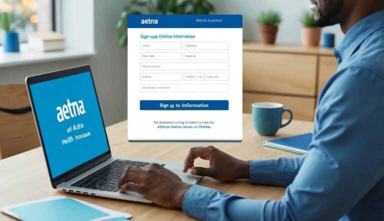 Man signing up for Aetna online on a laptop, with a sign-up form visible