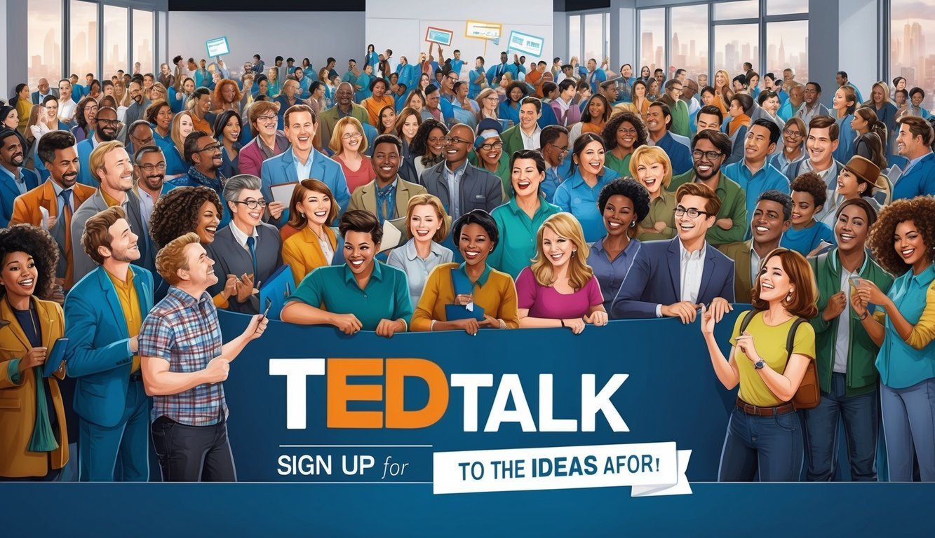 A diverse group of people from around the world eagerly gather to sign up for a TED Talk, each filled with excitement and anticipation for the global impact their ideas may have