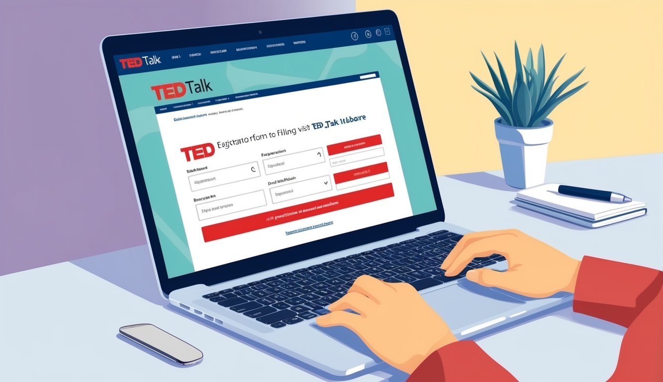 A person using a laptop to visit the Ted Talk website, filling out a registration form with personal information