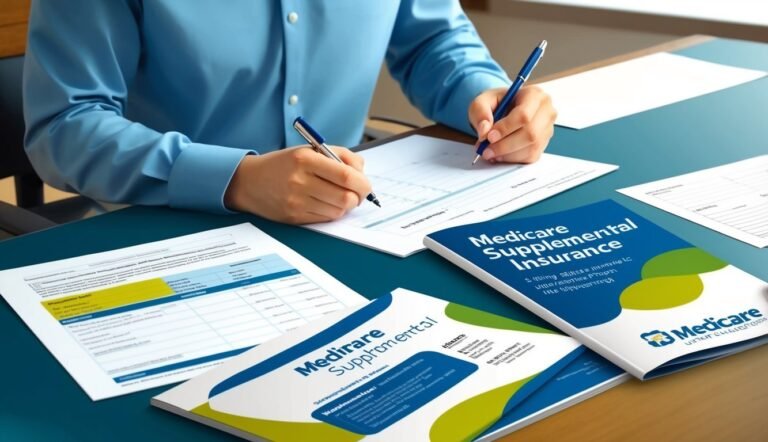 Person filling out Medicare supplemental insurance forms with pens