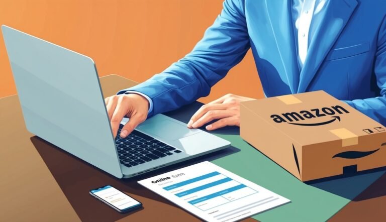 Person in blue suit using laptop next to Amazon box and form