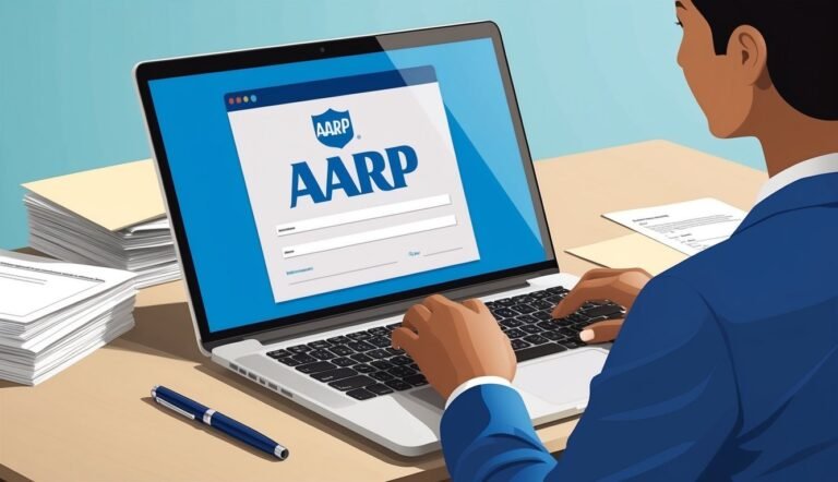 Person using laptop with AARP login screen, papers, and pen