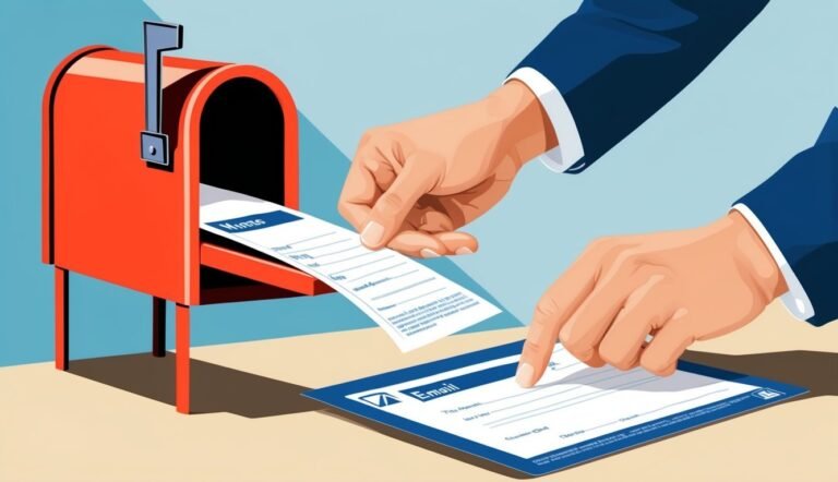 Hands reaching for a form from a red mailbox, email form below