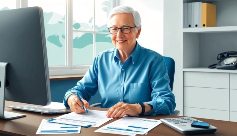 Smiling senior woman working at a desk with paperwork and a computer
