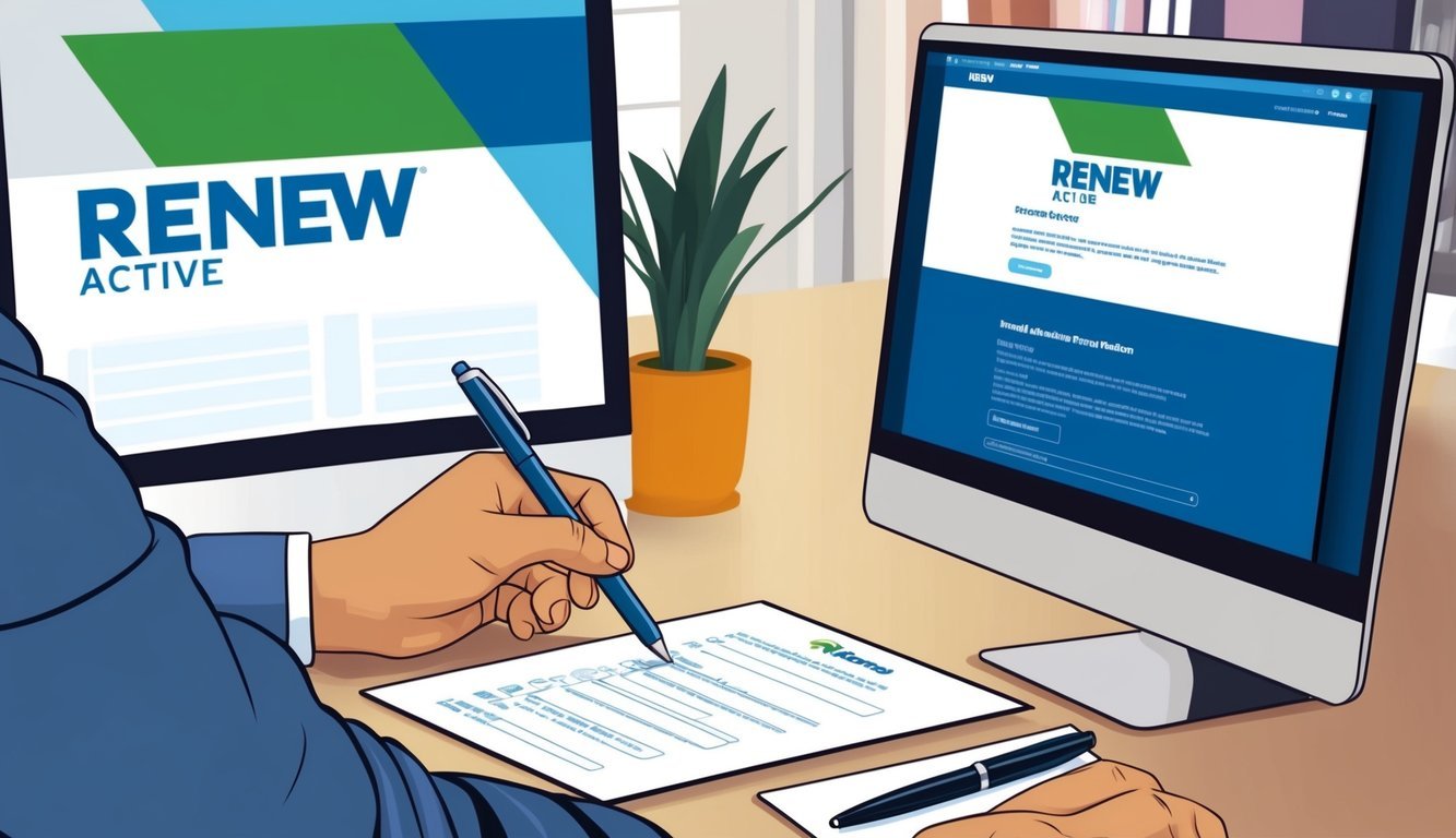 A person sitting at a desk, filling out a form with a pen.</p><p>A computer screen showing the Renew Active website is visible in the background