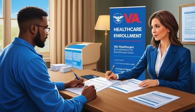 Man and woman at desk with VA Healthcare Enrollment banner