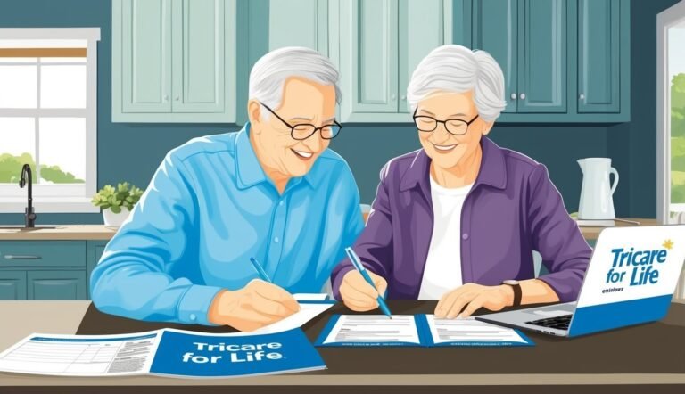 Senior couple signing Tricare for Life forms at a kitchen table