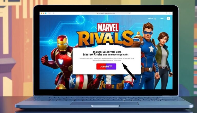 Laptop screen displaying Marvel Rivals beta sign-up page with Iron Man, Captain America