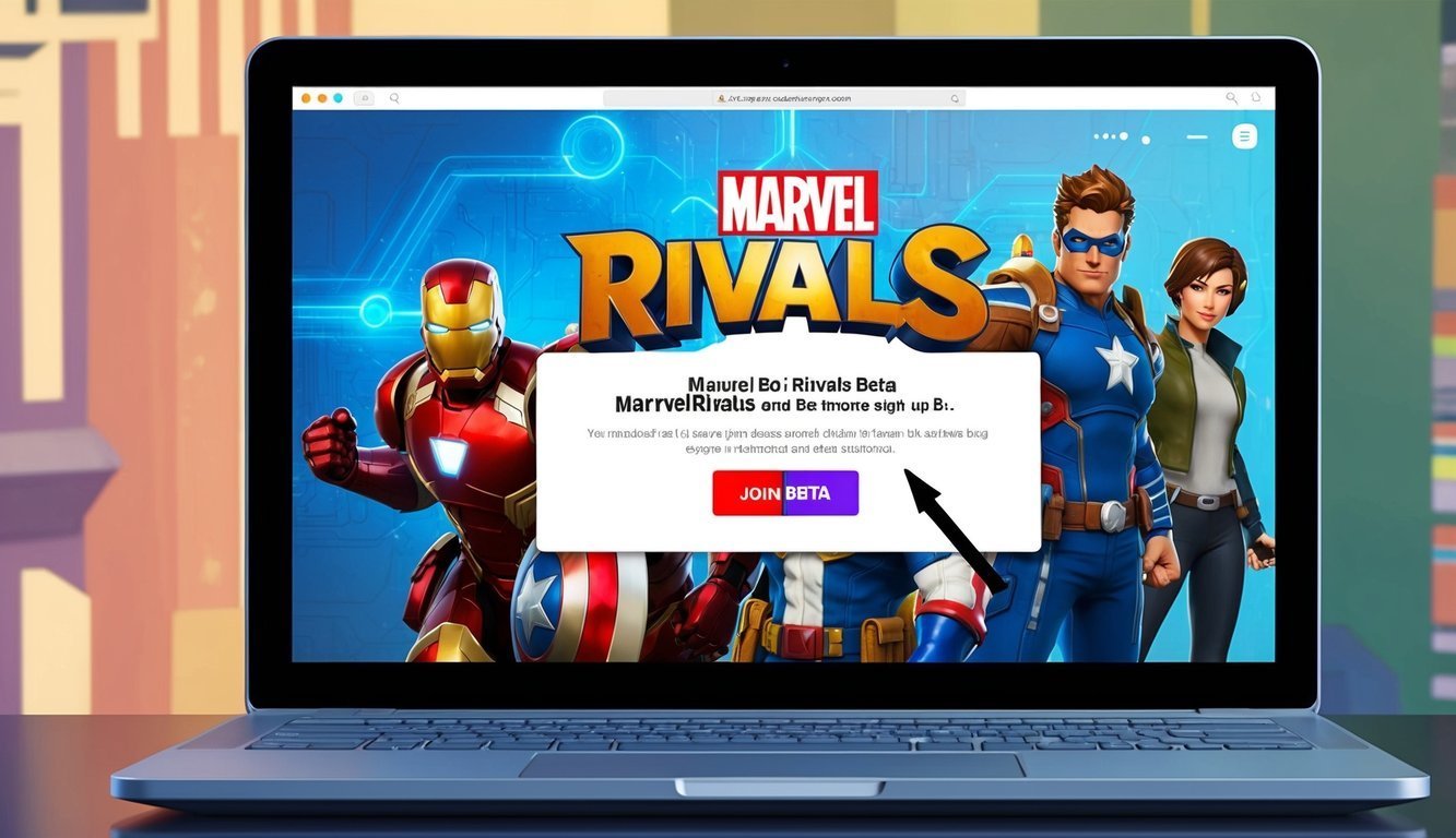 Laptop screen displaying Marvel Rivals beta sign-up page with Iron Man, Captain America