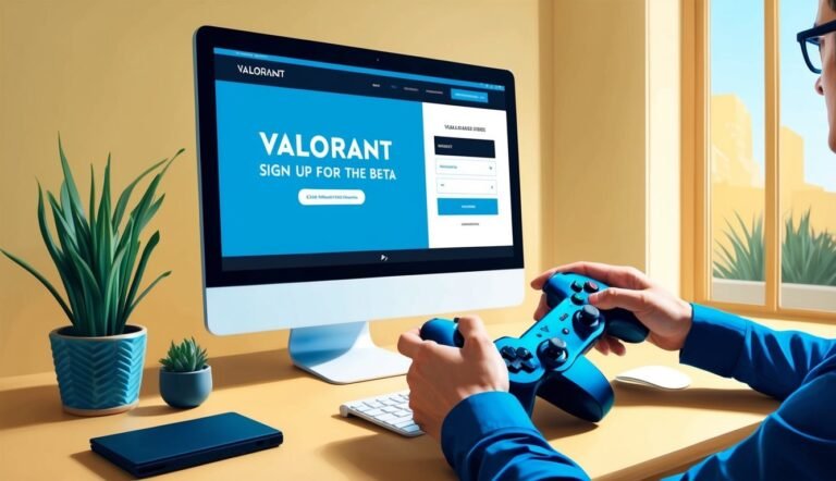 Person playing video game, Valorant sign up on computer screen, controller in hands