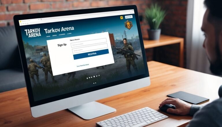 Man signing up for "Tarkov Arena" on a desktop computer