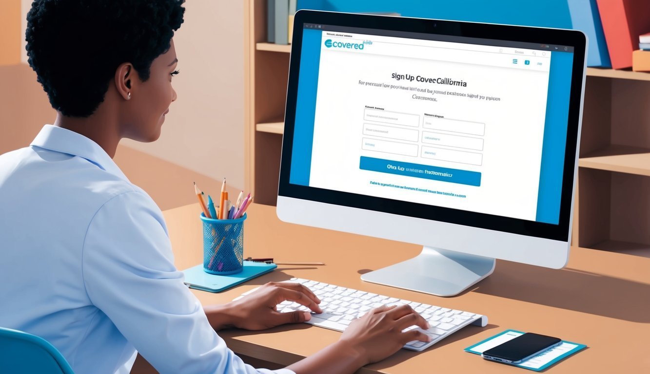 Woman at computer filling out a "Sign Up Covered California" form