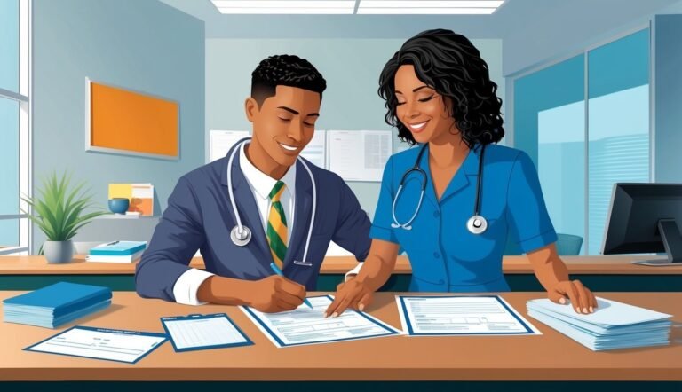 Two smiling doctors review paperwork at a desk in an office