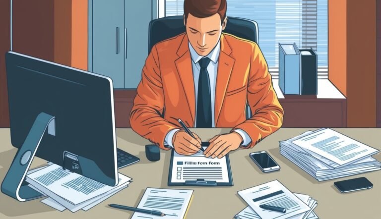 Man in orange suit filling out a form at his desk