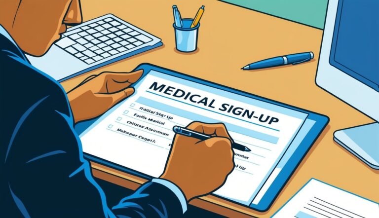 Person filling out a medical sign-up form with a pen on a desk