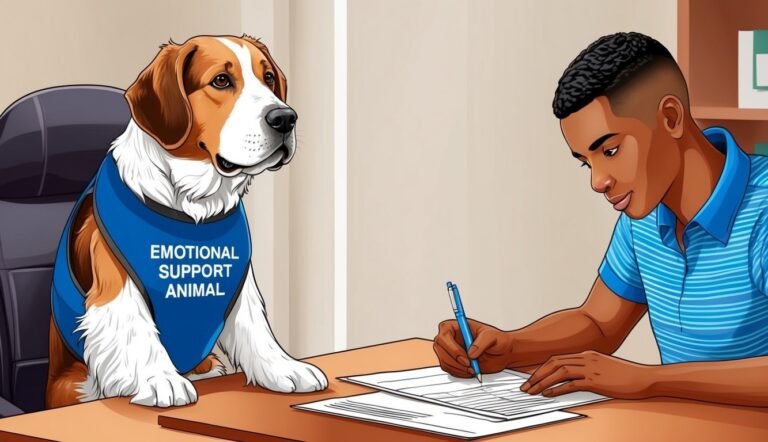 Man writing at desk with emotional support dog wearing vest