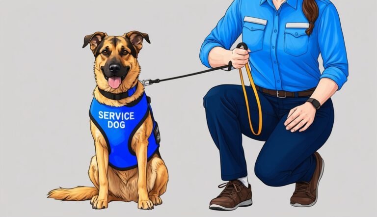 Service dog wearing blue vest with handler kneeling, holding leash