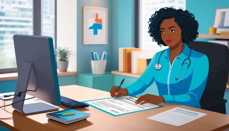 Black female doctor writing on a form at her desk in an office