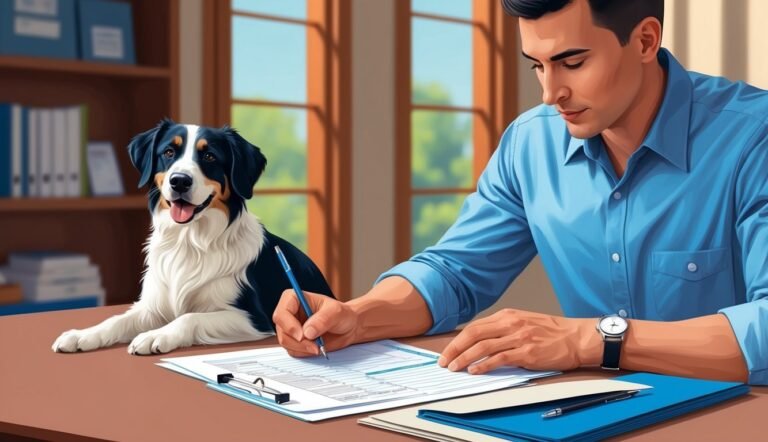 Man writing at desk with dog, paperwork, and a bookshelf