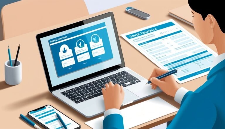 Person filling out dental insurance forms on laptop and paper