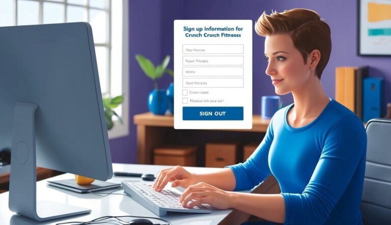 Woman at computer filling out a Crunch Fitness sign-up form
