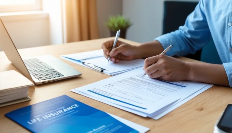Person filling out life insurance forms at a desk with a laptop