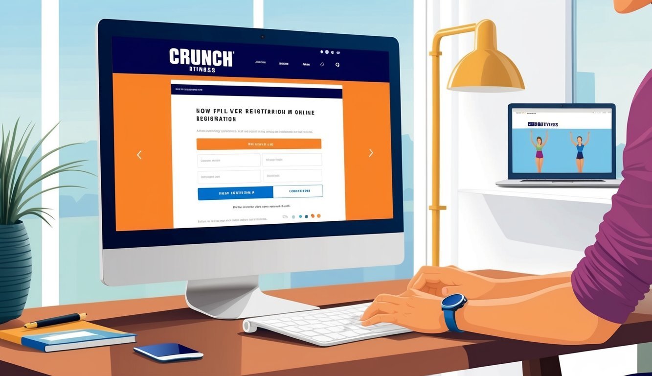 A person using a computer to visit the Crunch Fitness website and filling out an online registration form