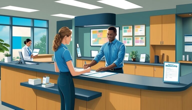 Man signing paperwork at a counter, woman assisting, another woman in background