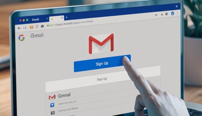 Laptop screen displaying Gmail sign-up page with a finger pointing at the button