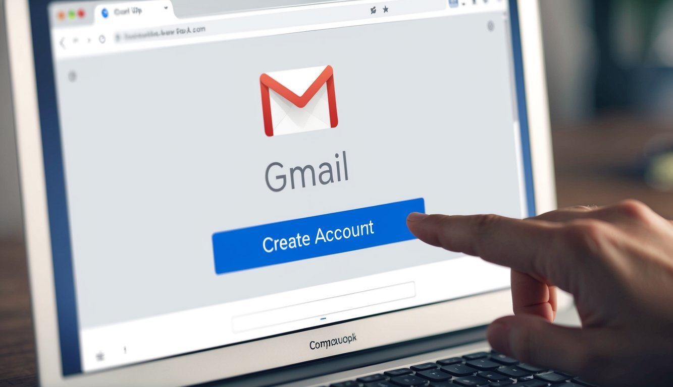 A computer screen displaying the Gmail sign-up page with a cursor hovering over the "Create account" button.</p><p>A person's hand is not visible