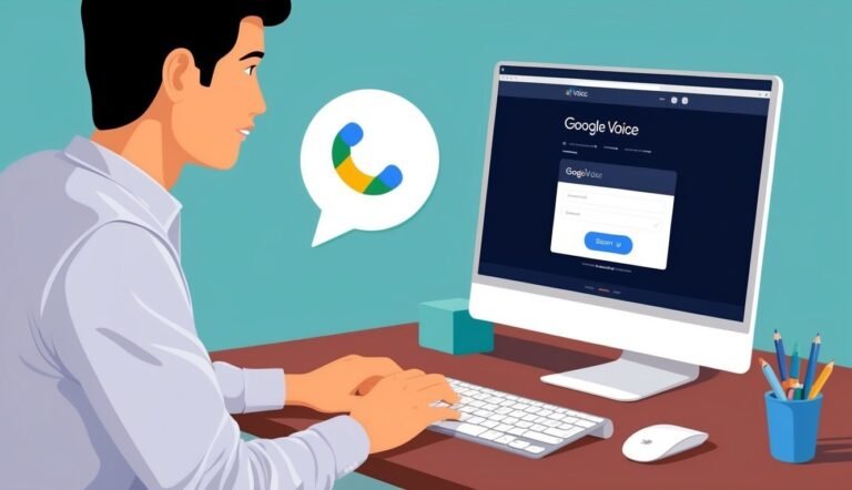 Man using computer with Google Voice login screen and phone icon