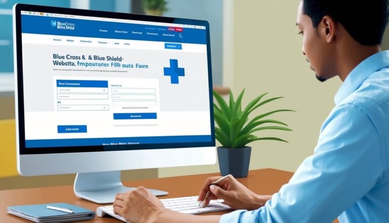 Man filling out Blue Cross Blue Shield form on a computer